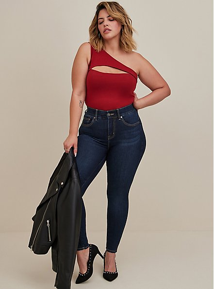 Plus Size One Shoulder Cut Out Tank - Foxy Red, RED, alternate