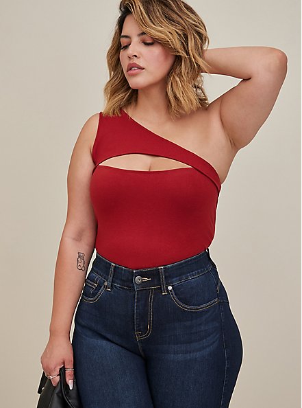 Plus Size One Shoulder Cut Out Tank - Foxy Red, RED, hi-res