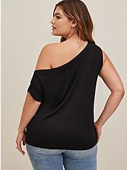 Super Soft Off-Shoulder Asymmetrical Sleeve Top, DEEP BLACK, alternate