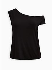 Super Soft Off-Shoulder Asymmetrical Sleeve Top, DEEP BLACK, hi-res