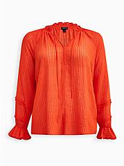 Plus Size Tie Front Peasant Blouse - Gauze Stripe Orange, ORANGE, hi-res