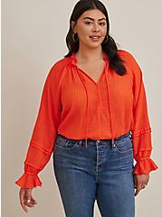 Plus Size Tie Front Peasant Blouse - Gauze Stripe Orange, ORANGE, hi-res