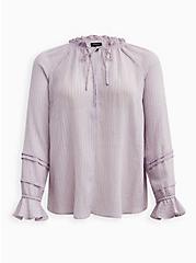 Plus Size Tie Front Peasant Blouse - Gauze Stripe Grey, GREY, hi-res