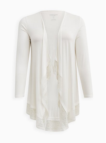 Plus Size Lace Trim Drape Front Cardigan - Super Soft White, WHITE, hi-res