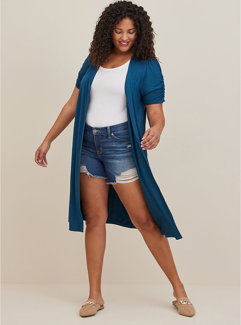 Duster Fit N Flare Short Sleeve Sweater, BLUE, hi-res