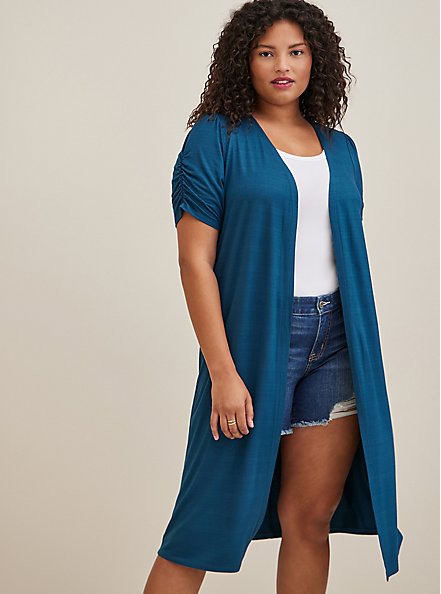 Plus Size Fit & Flare Duster Cardigan - Blue, BLUE, alternate