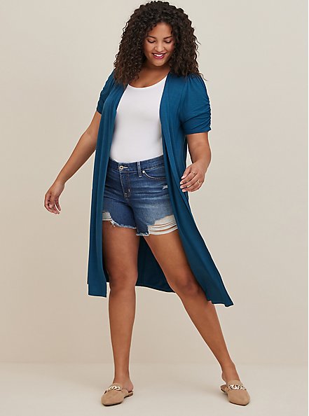 Plus Size Fit & Flare Duster Cardigan - Blue, BLUE, hi-res