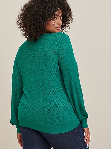 Plus Size Tie Neck Pullover Sweater  - Pointelle Green, GREEN, alternate