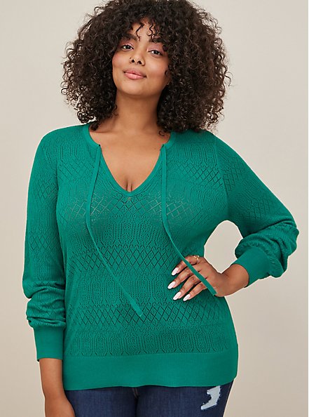 Plus Size Tie Neck Pullover Sweater  - Pointelle Green, GREEN, hi-res