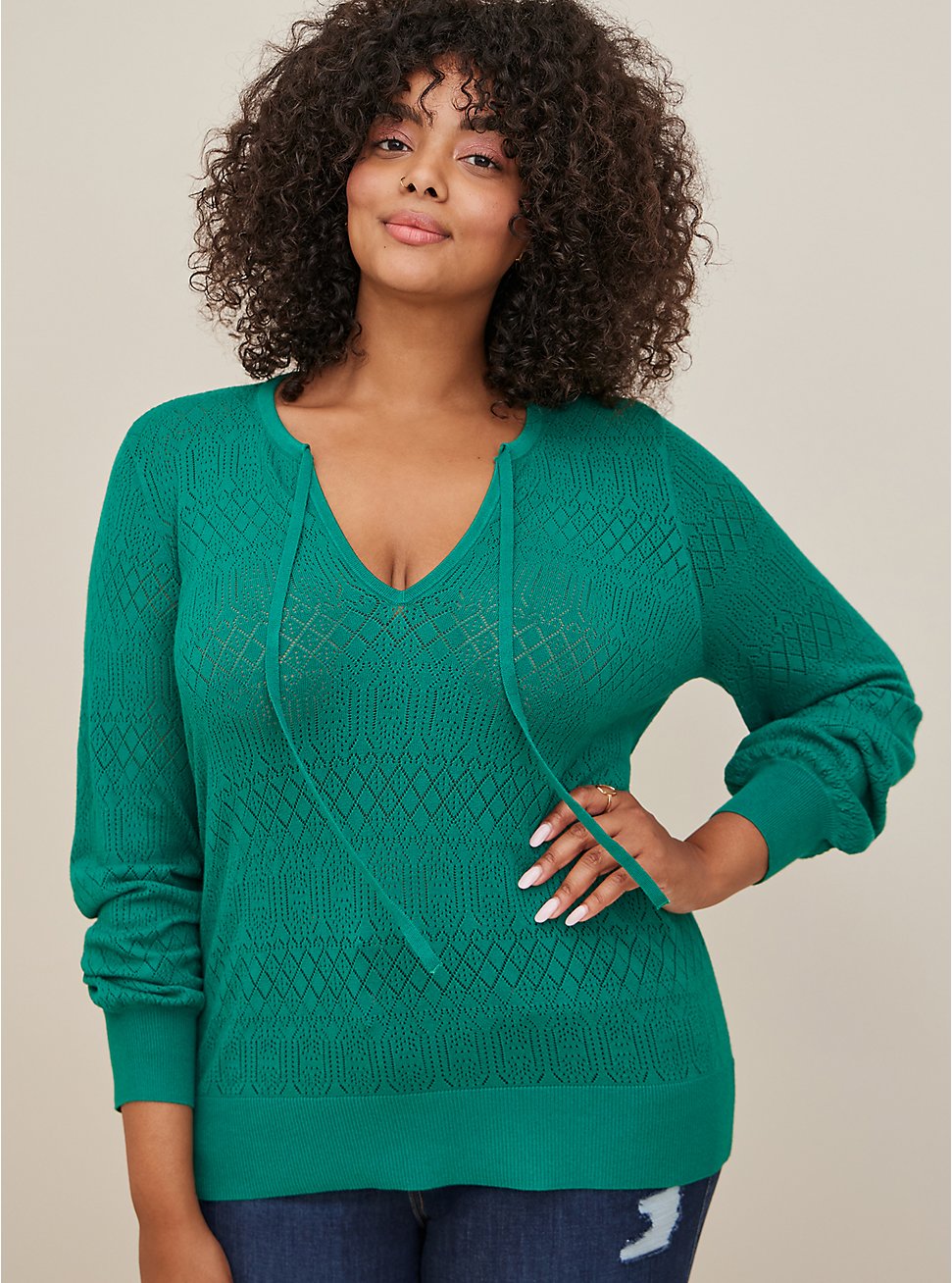 Plus Size Tie Neck Pullover Sweater  - Pointelle Green, GREEN, hi-res