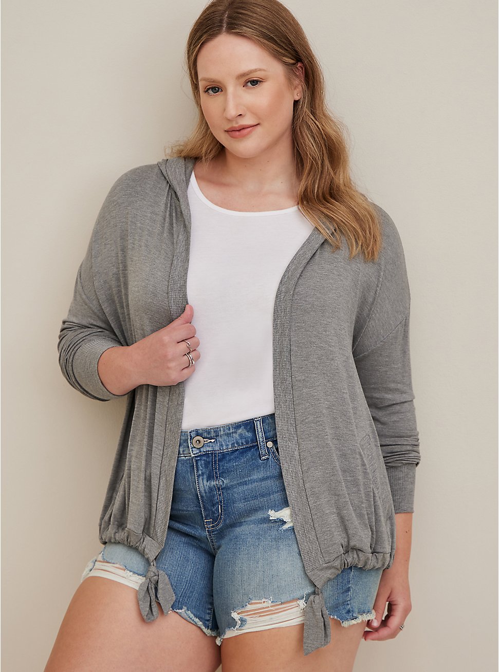 Plus Size Open Front Hooded Cardigan - Super Soft Grey, GREY, hi-res