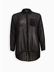 Plus Size  Collared Button Front Blouse - Chiffon Black, DEEP BLACK, hi-res