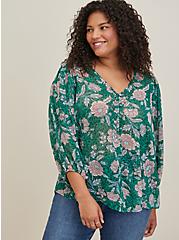 Plus Size Button Up Blouse - Chiffon Lurex Floral Green, GREEN, alternate