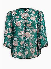 Plus Size Button Up Blouse - Chiffon Lurex Floral Green, GREEN, hi-res