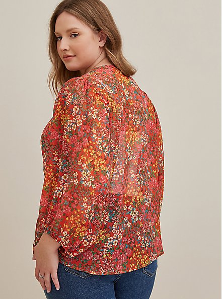 Plus Size Button Up Blouse - Chiffon Lurex Floral Orange, FLORAL - ORANGE, alternate