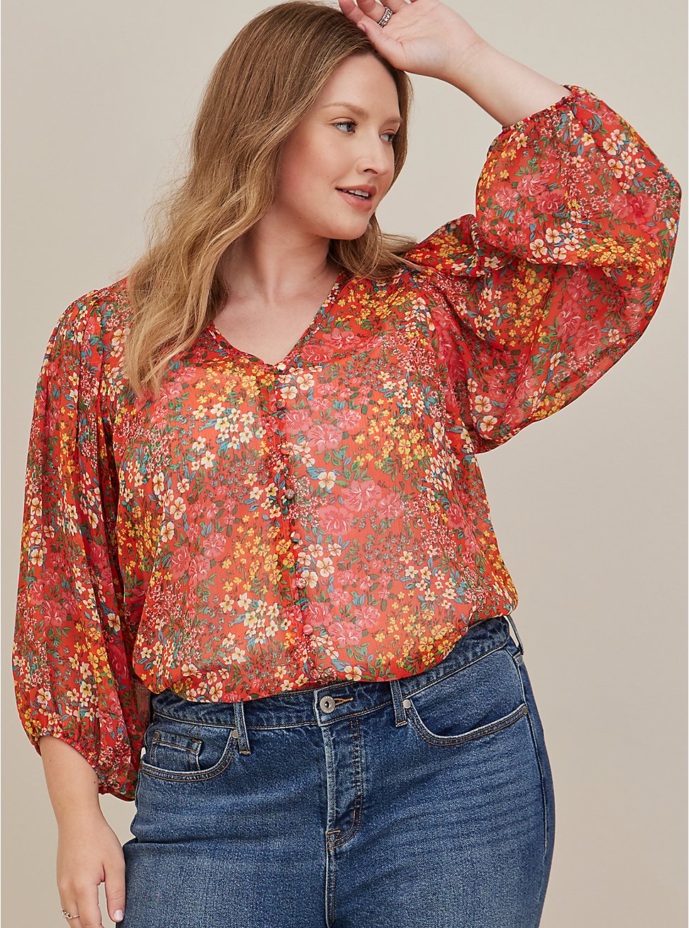 Plus Size Button Up Blouse - Chiffon Lurex Floral Orange, FLORAL - ORANGE, hi-res