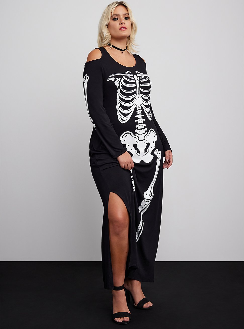 Plus Size Halloween Costume Skeleton Maxi Super Soft Cold Shoulder Dress, MULTI, hi-res