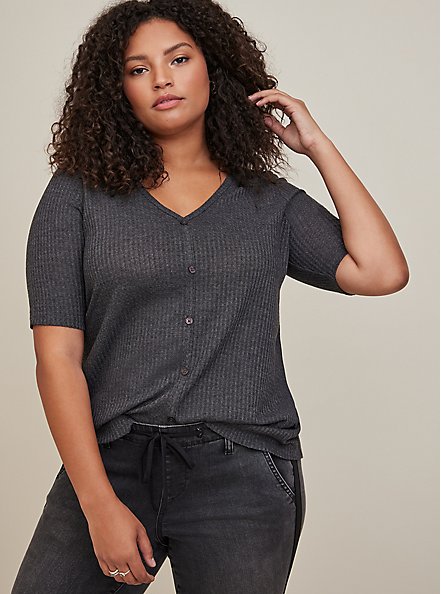 Favorite Tunic Waffle V-Neck Faux Button-Front Hilo Tee, GREY, alternate