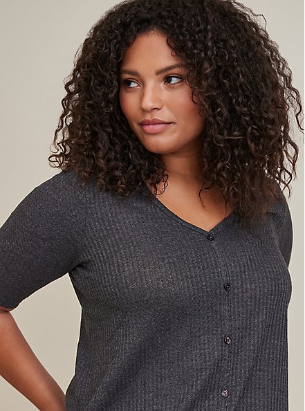 Favorite Tunic Waffle V-Neck Faux Button-Front Hilo Tee, GREY, alternate