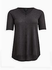 Favorite Tunic Waffle V-Neck Faux Button-Front Hilo Tee, GREY, hi-res