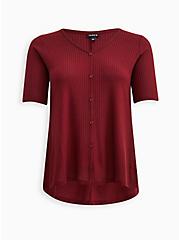 Favorite Tunic Waffle V-Neck Faux Button-Front Hilo Tee, MADDER BROWN, hi-res