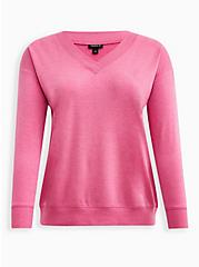 Plus Size Relaxed Fit V-Neck Drop Shoulder Sweatshirt - Lightweight French Terry Pink, PINK, hi-res