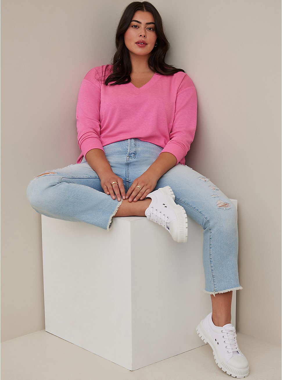 Plus Size Relaxed Fit V-Neck Drop Shoulder Sweatshirt - Lightweight French Terry Pink, PINK, hi-res