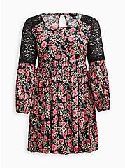 Plus Size Mini Challis Tiered Dress, FLORAL BLACK, hi-res
