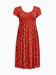 Plus Size Smocked Bodice Midi Dress - Gauze Floral Orange, FLORAL - ORANGE, hi-res