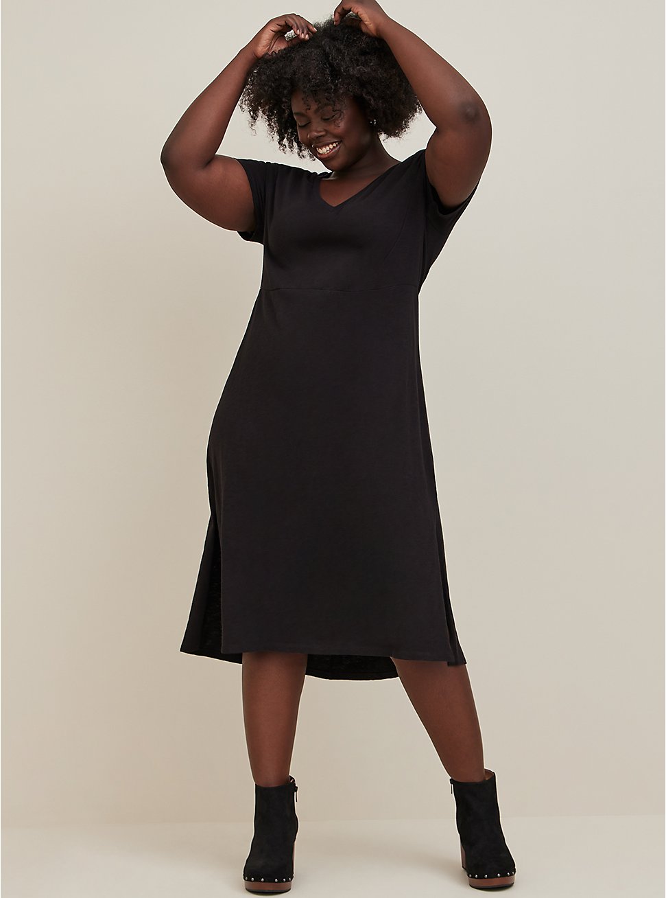 Plus Size Side Slit Midi Dress - Cotton Slub Black, DEEP BLACK, hi-res