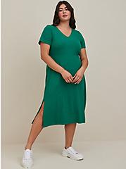 Plus Size Side Slit Midi Dress - Cotton Slub Green, GREEN, alternate
