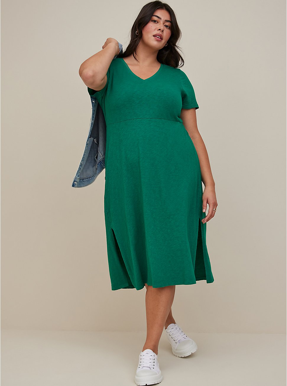 Plus Size Side Slit Midi Dress - Cotton Slub Green, GREEN, hi-res