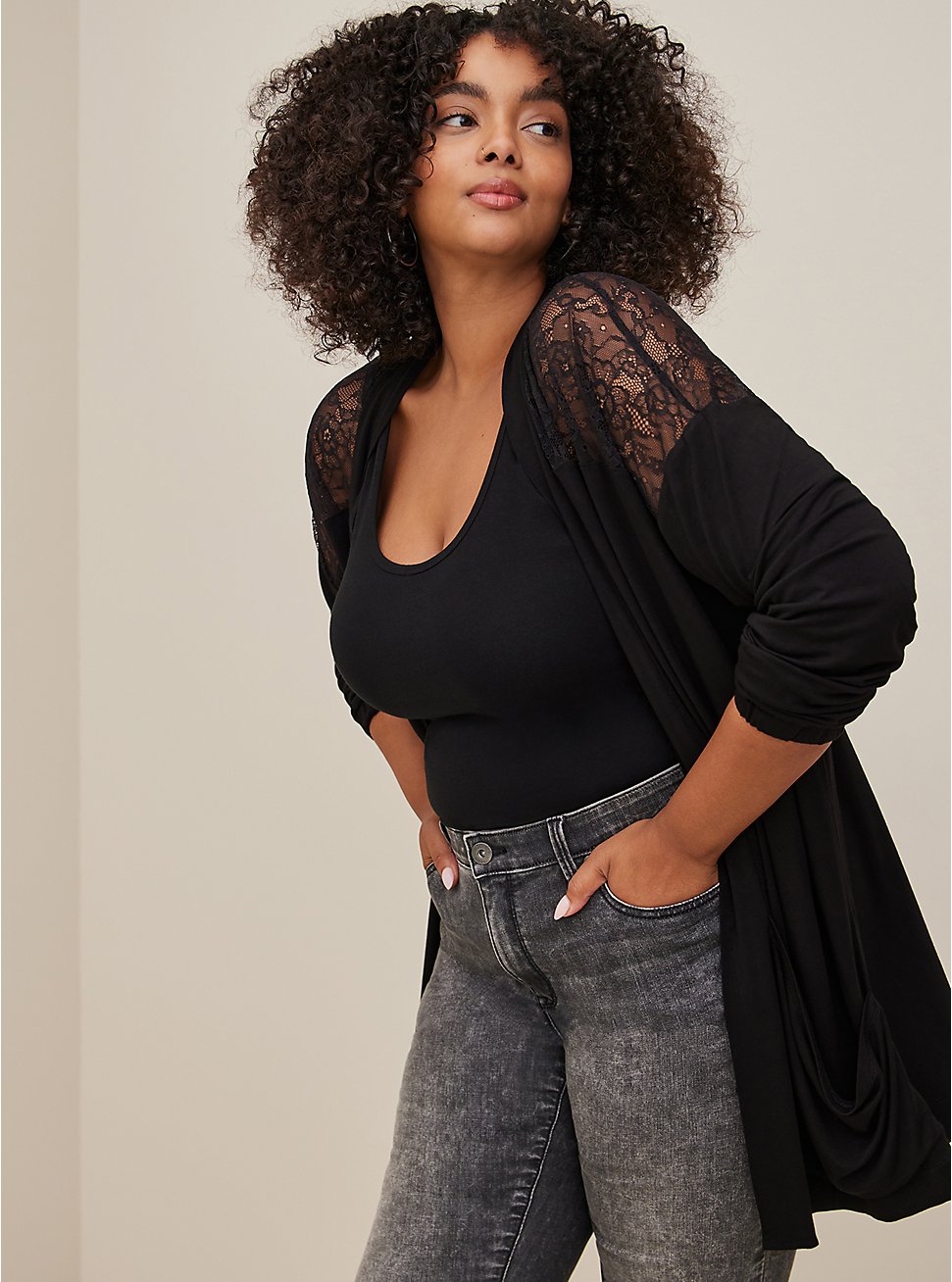 Plus Size Lace Yoke Cardigan - Super Soft Black, BLACK, hi-res