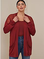 Plus Size Lace Yoke Cardigan - Super Soft Brick Red, BROWN, alternate
