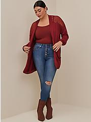 Plus Size Lace Yoke Cardigan - Super Soft Brick Red, BROWN, hi-res