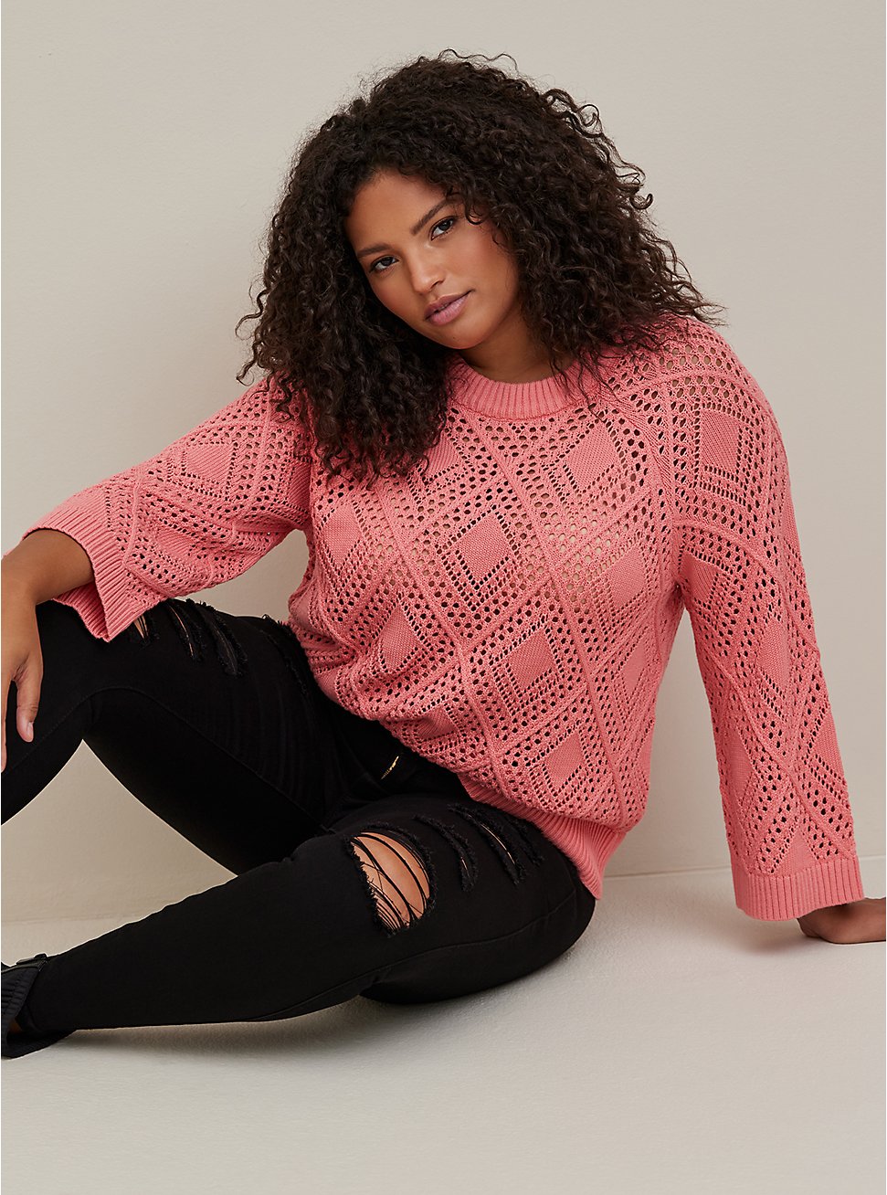 Plus Size Pointelle Pullover Sweater - Cotton Peach, PEACH, hi-res