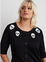 Cropped Cardigan Sweater - Skull Embroidery Black , BLACK, alternate