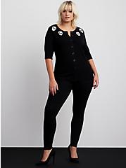 Plus Size Cropped Cardigan Sweater - Skull Embroidery Black , BLACK, alternate