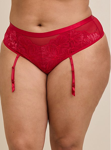 Plus Size Shimmer Lace Mid Rise Thong Panty, JESTER RED, alternate
