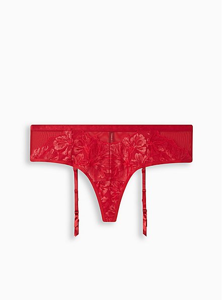 Plus Size Shimmer Lace Mid Rise Thong Panty, JESTER RED, hi-res