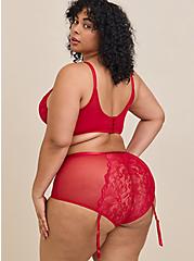 Shimmer Lace Mid Rise Brief Removable Garter Panty, JESTER RED, alternate