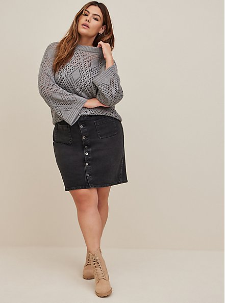Plus Size Pointelle Pullover Crew Sweater, LIGHT HEATHER GREY, hi-res