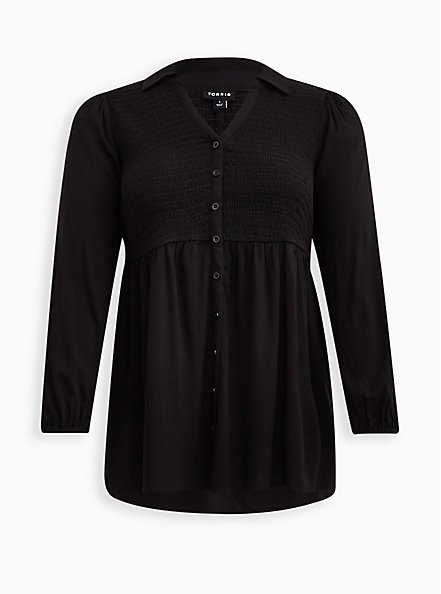 Babydoll Rayon Slub Smocked Button-Front Tunic Top, DEEP BLACK, hi-res