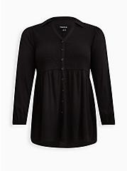 Plus Size Babydoll Rayon Slub Smocked Button-Front Tunic Top, DEEP BLACK, hi-res