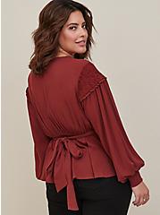 Plus Size Lace Inset Surplice Top - Crinkle Gauze Brown, MADDER BROWN, alternate