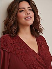 Plus Size Lace Inset Surplice Top - Crinkle Gauze Brown, MADDER BROWN, alternate