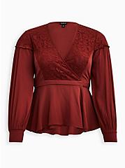 Plus Size Lace Inset Surplice Top - Crinkle Gauze Brown, MADDER BROWN, hi-res