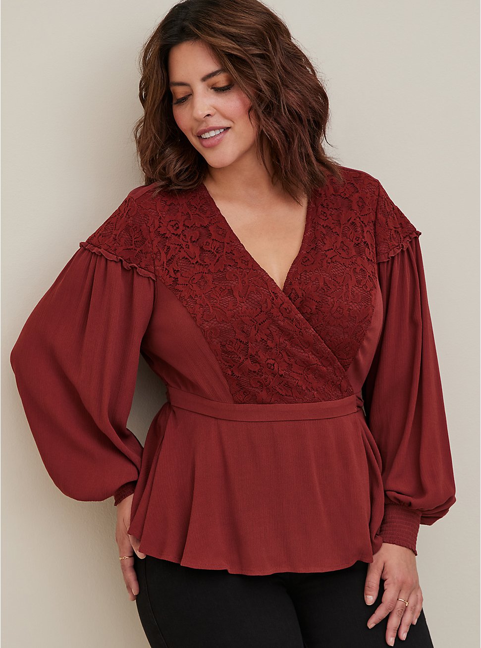 Plus Size Lace Inset Surplice Top - Crinkle Gauze Brown, MADDER BROWN, hi-res