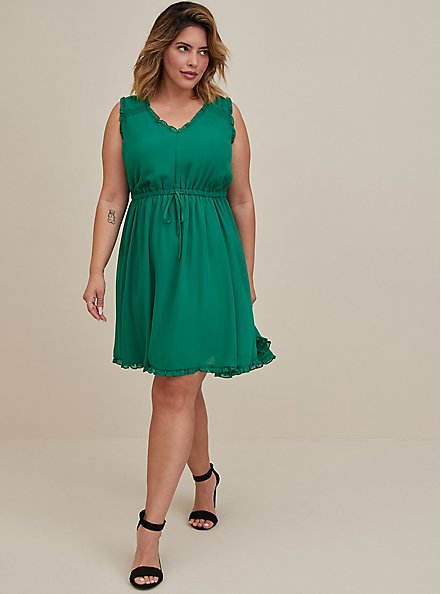 Plus Size Mini Ruffle Trim Dress - Chiffon Green, GREEN, alternate