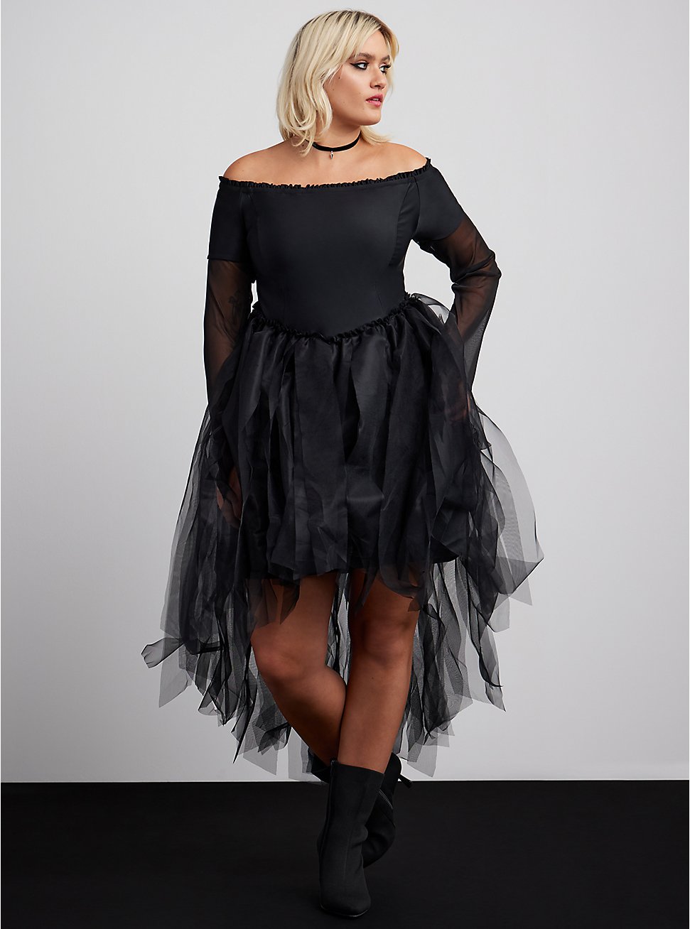Plus Size Halloween Costume Hi-Low Off Shoulder Dress, BLACK, hi-res